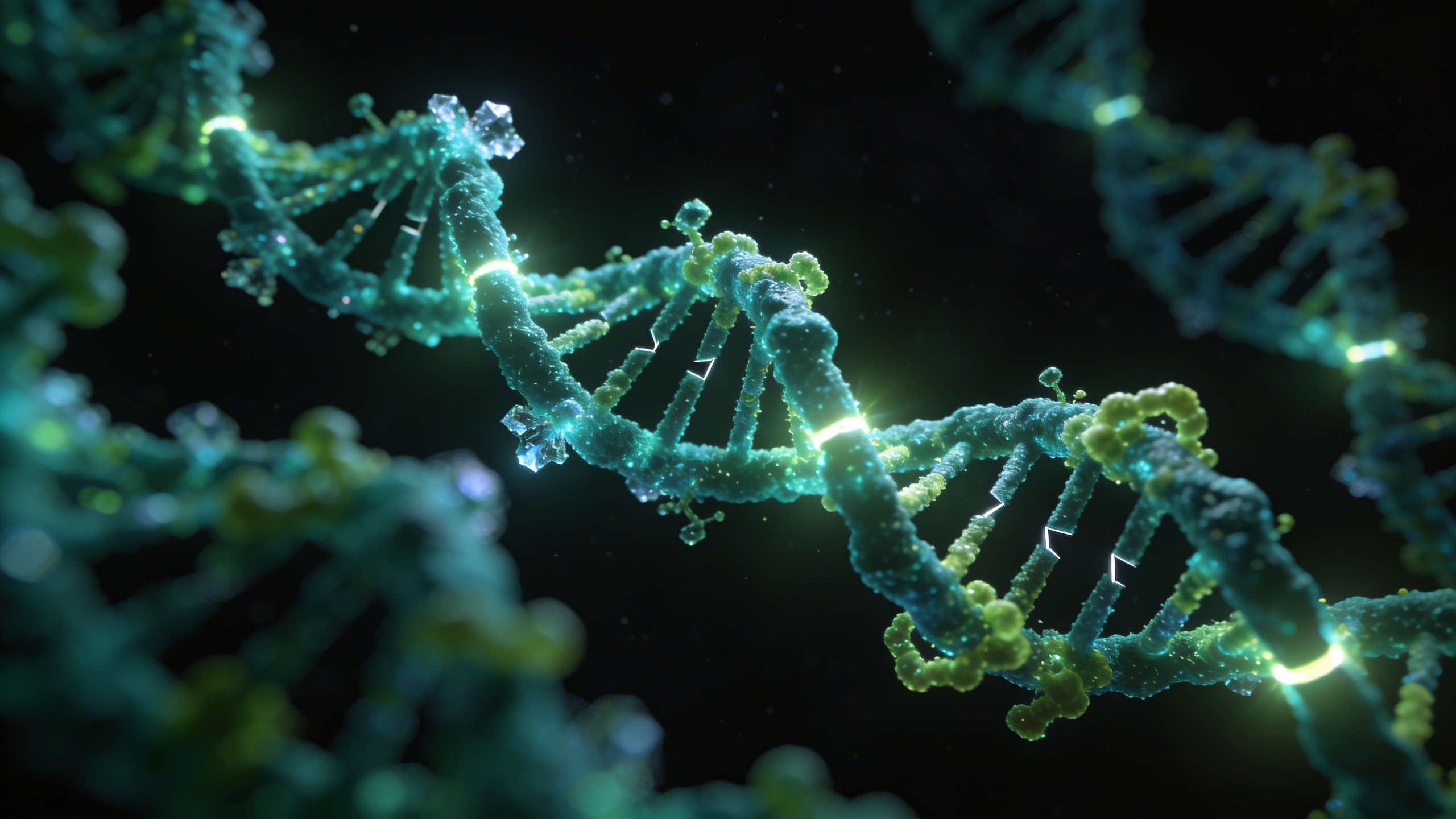 CRISPR-Cas9 molecular structure with bioluminescent DNA helix